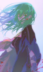 Rule 34 | 1girl, absurdres, arm at side, armor, black coat, blood, blood on clothes, blood on face, breasts, byleth (female) (fire emblem), byleth (fire emblem), coat, covered mouth, fire emblem, fire emblem: three houses, floating hair, from side, green eyes, green hair, grey background, hair over mouth, hair over one eye, highres, kkia, long hair, looking at viewer, looking to the side, nintendo, outstretched arm, sad, solo, tassel, upper body, wind