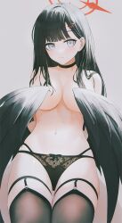 Rule 34 | 1girl, black choker, black garter straps, black hair, black panties, black thighhighs, black wings, blue archive, breasts, choker, commentary, convenient wing, covering breasts, covering privates, cowboy shot, feathered wings, flippy (cripine111), garter straps, grey eyes, hair ornament, hairclip, halo, highres, ichika (blue archive), lace, lace-trimmed panties, lace trim, long hair, looking at viewer, low wings, medium breasts, navel, panties, red halo, solo, thighhighs, topless, underwear, unusually open eyes, white background, wings