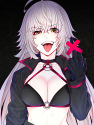 Rule 34 | 1girl, ahoge, arm at side, bikini, black background, black bikini, breasts, brown eyes, censored, censored gesture, cleavage, collarbone, commentary request, fate/grand order, fate (series), highres, jeanne d&#039;arc alter (swimsuit berserker) (fate), jeanne d&#039;arc (fate), jeanne d&#039;arc alter (fate), jeanne d&#039;arc alter (swimsuit berserker) (fate), long sleeves, looking at viewer, medium breasts, middle finger, mikan (chipstar182), o-ring, o-ring bikini, o-ring top, open mouth, pale skin, shrug (clothing), silver hair, solo, swimsuit, teeth, tongue, tongue out, upper body, upper teeth only, uvula, v-shaped eyebrows