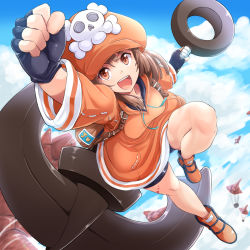 Rule 34 | 1girl, :d, anchor, arm up, backpack, bag, bike shorts, blue sky, brown eyes, brown hair, cabbie hat, clenched hand, cloud, cloudy sky, fingerless gloves, fist pump, full body, gloves, guilty gear, guilty gear strive, hat, highres, jacket, kitayama miuki, may (guilty gear), open mouth, orange footwear, orange hat, orange jacket, pirate hat, shorts, skull and crossbones, sky, smile, solo, teeth, upper teeth only