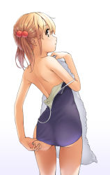 Rule 34 | 1girl, adjusting clothes, adjusting swimsuit, ass, back, bad id, bad pixiv id, bare shoulders, blonde hair, blue one-piece swimsuit, brown eyes, closed mouth, from behind, hair bobbles, hair ornament, holding, legs apart, off shoulder, one-piece swimsuit, original, profile, short hair, short twintails, simple background, solo, standing, swimsuit, thighs, towel, twintails, white background, yoropa