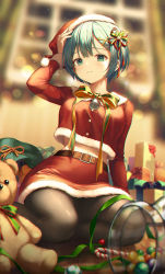 Rule 34 | 1girl, absurdres, alternate costume, arm up, belt, black pantyhose, blouse, blue eyes, blue hair, blurry, blurry background, blurry foreground, blush, box, breasts, candy, candy cane, christmas, chromatic aberration, closed mouth, commentary, depth of field, english commentary, food, fur trim, gift, gift box, hair ornament, hat, highres, long sleeves, looking at viewer, neck bell, pantyhose, r o ha, re:zero kara hajimeru isekai seikatsu, red hat, red shirt, rem (re:zero), santa costume, santa hat, shirt, short hair, sitting, solo, stuffed animal, stuffed toy, teddy bear, x hair ornament