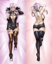 Rule 34 | 1girl, absurdres, ass, aversa (fire emblem), bed, blush, body pillow, breasts, butt crack, cleavage, dark skin, feathers, fire emblem, fire emblem awakening, highres, hosen-hocen, lingerie, long hair, looking at viewer, looking back, nail polish, nintendo, patreon, pink hair, purple eyes, shoes, sideboob, signature, skimpy clothes, tagme, tattoo, thick thighs, thighhighs, thighs, underwear, white hair, wide hips