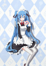Rule 34 | 1girl, absurdres, argyle, argyle background, argyle clothes, blue eyes, blue hair, doughnut, food, hatsune miku, highres, holding, long hair, looking at viewer, maid, maid headdress, matching hair/eyes, sitting, smile, solo, sugar sound, thighhighs, twintails, very long hair, vocaloid