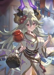 Rule 34 | 1girl, breasts, candy apple, cotton candy, draph, food, granblue fantasy, grey hair, highres, horns, japanese clothes, kimono, large breasts, long hair, looking at viewer, red eyes, shiromimin, smile, solo, thighs, threo (granblue fantasy), very long hair, yukata