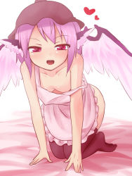 Rule 34 | 1girl, all fours, animal ears, apron, areola slip, ayagi daifuku, bare shoulders, black thighhighs, blush, breasts, cleavage, downblouse, female focus, hat, heart, mystia lorelei, naked apron, no bra, open mouth, pink hair, red eyes, small breasts, solo, strap slip, thighhighs, touhou, wings