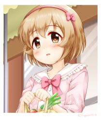 Rule 34 | 1girl, :d, bag, blush, bow, brown eyes, brown hair, commentary request, dress, frilled sailor collar, frills, groceries, hair between eyes, hairband, holding, holding bag, idolmaster, idolmaster cinderella girls, jacket, koga koharu, looking at viewer, open mouth, pink bow, pink hairband, pink jacket, regular mow, sailor collar, sailor dress, short hair, signature, smile, solo, spring onion, tomato, twitter username, upper body, white dress, white sailor collar