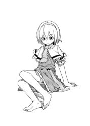 Rule 34 | 1girl, alice margatroid, barefoot, capelet, d@i, feet, female focus, greyscale, hairband, looking at viewer, monochrome, short hair, solo, toes, touhou, white background