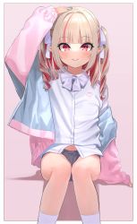 Rule 34 | 1girl, arm up, black panties, blonde hair, blue nails, blunt bangs, blush, border, commentary, hand on own head, highres, long sleeves, looking at viewer, makaino ririmu, multicolored hair, nail polish, nijisanji, no pants, off shoulder, panties, pink background, pointy ears, red eyes, red hair, sabamen, shirt, simple background, sitting, smile, socks, solo, streaked hair, twintails, two-tone hair, underwear, virtual youtuber, white shirt, white socks
