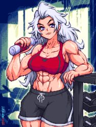 Rule 34 | 1girl, abs, bare shoulders, blue eyes, breasts, crop top, double dragon, dumbbell, highres, j.raido, kunio-kun series, large breasts, long hair, marian kelly, muscular, muscular female, pixel art, river city girls, shorts, sleeveless, sweat, white hair