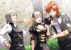 Rule 34 | 1girl, 2boys, :d, alternate costume, blocking, commentary request, corrin (female) (fire emblem), corrin (fire emblem), fire emblem, fire emblem: three houses, fire emblem fates, garreg mach monastery uniform, hand on weapon, highres, holding another&#039;s wrist, jakob (fire emblem), multiple boys, nintendo, one eye closed, open mouth, outstretched arm, pointy ears, sheath, sheathed, smile, sukkirito (rangusan), sylvain jose gautier