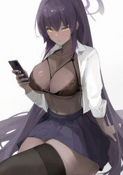 Rule 34 | 1girl, absurdres, black bra, black hair, black skirt, black thighhighs, blue archive, blush, bra, breasts, cellphone, cleavage, closed mouth, collared shirt, dark-skinned female, dark skin, hair between eyes, halo, highres, holding, holding phone, karin (blue archive), large breasts, long hair, long sleeves, navel, open clothes, open shirt, phone, pleated skirt, purple halo, shakabrah, shirt, simple background, skirt, smartphone, solo, thighhighs, underwear, white background, white shirt, yellow eyes