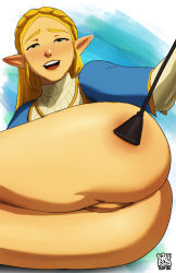 Rule 34 | 1girl, ass, blonde hair, bottomless, cleft of venus, green eyes, highres, hip focus, long hair, looking at viewer, lying, naavs, naughty face, nintendo, no panties, on side, open mouth, pointy ears, princess zelda, pussy, riding crop, smile, solo, spanked, spanking, the legend of zelda, the legend of zelda: breath of the wild, thick thighs, thighs, uncensored, wide hips