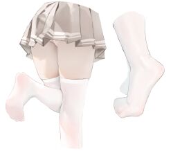 Rule 34 | 1girl, absurdres, cropped torso, grey skirt, highres, korean commentary, lower body, original, panties, pantyshot, pleated skirt, simple background, skirt, socks, solo, standing, standing on one leg, thighhighs, tiptoes, underwear, white background, white panties, white thighhighs, yonchan