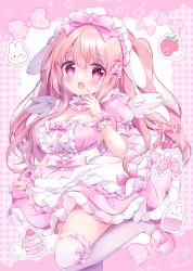 Rule 34 | 1girl, animal ears, apron, blunt bangs, blush, blush stickers, bow, breasts, brown hair, chiika (cure cherish), choker, cleavage, cream, cuffs, dress, fake animal ears, feet out of frame, food, frilled apron, frilled dress, frilled skirt, frilled sleeves, frilled thighhighs, frills, fruit, full body, hair between eyes, hair bow, hair ornament, highres, jewelry, large breasts, lolita fashion, long hair, looking at viewer, macaron, magical girl, maid, maid apron, maid headdress, mini wings, open mouth, original, pink background, pink bow, pink eyes, pink footwear, pink hair, pink ribbon, plaid, plaid background, plaid dress, plaid skirt, puffy short sleeves, puffy sleeves, rabbit, rabbit ears, rabbit girl, rabbit hair ornament, ribbon, shirt, shoes, short sleeves, sidelocks, simple background, skirt, sleeve cuffs, smile, solo, standing, strapless, strapless dress, strawberry, thighhighs, tia (chiika cure cherish), too many bows, twintails, two side up, uwabaki, waist apron, whipped cream, white apron, white wings, white wrist cuffs, wings, wrist cuffs