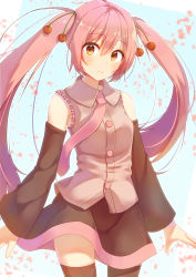 Rule 34 | 1girl, arms at sides, bare shoulders, black sleeves, black thighhighs, blue background, blush, cherry hair ornament, closed mouth, collared shirt, commentary, cowboy shot, detached sleeves, food-themed hair ornament, frilled shirt, frills, grey shirt, hair ornament, hatsune miku, highres, long hair, long sleeves, minarai shachou, necktie, outline, petals, pink hair, red eyes, sakura miku, shirt, sidelocks, smile, solo, thighhighs, twintails, very long hair, vocaloid, white outline
