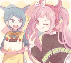 Rule 34 | 1girl, apron, black jacket, blue background, blue eyes, blue hair, blue shirt, blush, bow, bowtie, cake, child, collared shirt, danganronpa (series), danganronpa another episode: ultra despair girls, ears, english text, eyebrows, fake horns, food, frosting, fruit, hair horns, hairband, happy birthday, headband, holding, holding plate, horned headwear, horns, jacket, long hair, long sleeved jacket, long sleeves, looking at another, looking at viewer, matching hair/eyes, medium hair, multicolored background, neck ribbon, nose, one eye closed, parted bangs, parted hair, pink background, pink eyes, pink hair, pink hairband, pink headband, pink headwear, pink horns, plate, pointing, pointing at self, polka dot, polka dot bow, ribbon, shingetsu nagisa, shirt, simple background, sleeves rolled up, strawberry, sweadrop, sweat, teeth, tongue, tongue out, twintails, upper body, upper teeth only, utsugi kotoko, white background, white shirt, wink, yellow apron, yellow bow, yellow ribbon