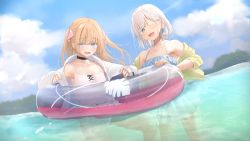 Rule 34 | +++, 2girls, :d, ;d, bad id, bad pixiv id, bare shoulders, bikini, black choker, blue bikini, blue eyes, blush, bow, braid, breasts, brown hair, casual one-piece swimsuit, choker, collarbone, colored eyelashes, commentary request, day, eighth note, frilled bikini, frilled swimsuit, frills, hair bow, highres, hime-chan (ramchi), hood, hood down, hooded jacket, innertube, jacket, long sleeves, multiple girls, musical note, ocean, off shoulder, one-piece swimsuit, one eye closed, open clothes, open jacket, open mouth, original, out of frame, outdoors, pink bow, ramchi, signature, silver hair, silver hair-chan (ramchi), single braid, sleeves past wrists, small breasts, smile, spoken musical note, swim ring, swimsuit, translation request, transparent, two side up, water, wet, white jacket, white one-piece swimsuit, yellow jacket