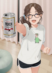 Rule 34 | 1girl, beer can, black-framed eyewear, black shorts, blush, brown hair, can, closed eyes, curtains, cushion, drink can, glasses, hand up, holding, holding can, indoors, long hair, mattaku mousuke, open mouth, original, outstretched arm, ponytail, scrunchie, shirt, short shorts, short sleeves, shorts, smile, solo, standing, t-shirt, white shirt