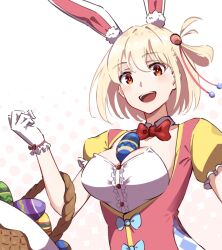 Rule 34 | 1girl, :d, alternate costume, animal ears, basket, blonde hair, blush, bow, bowtie, breasts, bright pupils, center frills, cleavage, cleavage cutout, clothing cutout, commentary, easter, easter egg, egg, fake animal ears, food on body, food on breasts, frilled sleeves, frills, gloves, hair between eyes, hair ribbon, happy, highres, holding, holding basket, hyoe (hachiechi), large breasts, looking at viewer, lycoris recoil, nishikigi chisato, one side up, open mouth, polka dot, polka dot background, puffy short sleeves, puffy sleeves, rabbit ears, red bow, red bowtie, red eyes, red ribbon, ribbon, ribbon-trimmed gloves, ribbon trim, short hair, short sleeves, simple background, smile, solo, teeth, upper body, upper teeth only, white background, white gloves, white pupils, wide-eyed