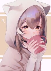 Rule 34 | ahoge, amane 0e0, animal hood, black choker, brown eyes, brown hair, brown hoodie, choker, crossed bangs, cup, ears through headwear, fingernails, highres, holding, holding cup, hololive, hololive english, hood, hood up, hoodie, jewelry, long hair, looking at viewer, mug, multicolored hair, nanashi mumei, nanashi mumei (casual), necklace, official alternate costume, oversized clothes, red shirt, shirt, simple background, smile, streaked hair, sweater, virtual youtuber, white sweater