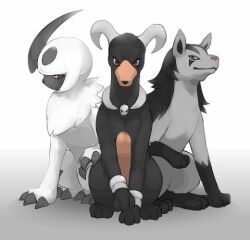 Rule 34 | absol, animal, animal focus, artist request, claws, colored sclera, creatures (company), dog, game freak, gen 2 pokemon, gen 3 pokemon, horns, houndoom, looking at viewer, mightyena, nintendo, no humans, pokemon, pokemon (creature), red eyes, single horn, sitting, skull, smile, source request, white hair, yellow sclera