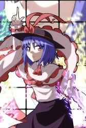 Rule 34 | 1girl, blue hair, bow, female focus, hand on own hip, hat, hat bow, jeno, long sleeves, nagae iku, pointing, red eyes, saturday night fever, shawl, short hair, smile, solo, sparks, touhou