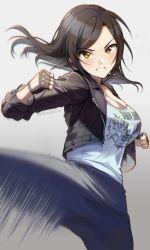 Rule 34 | 1girl, black hair, black jacket, blue pants, blue shirt, brown eyes, clenched hands, clenched teeth, commentary request, fighting stance, fingerless gloves, gloves, grey background, highres, idolmaster, idolmaster cinderella girls, idolmaster cinderella girls starlight stage, jacket, kicking, looking at viewer, motion blur, mukai takumi, pants, print shirt, shangzi, shirt, solo, teeth, twitter username