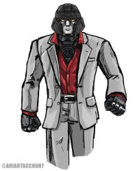 absurdres angry ariartaccount belt cosplay crossover d-16_(transformers_one) formal_clothes highres kiryu_kazuma looking_at_viewer megatron meme parody ryuu_ga_gotoku_(series) suit transformers transformers_one white_background