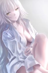 Rule 34 | 1girl, bare legs, breasts, center opening, closed mouth, dress shirt, expressionless, fate/grand order, fate (series), jeanne d&#039;arc (fate), jeanne d&#039;arc alter (avenger) (fate), jeanne d&#039;arc alter (fate), knee up, long hair, looking at viewer, medium breasts, no pants, omizu (omz), open clothes, open shirt, oversized clothes, pale skin, shirt, sidelocks, sitting, solo, white hair, white shirt, yellow eyes
