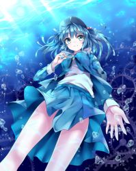 Rule 34 | 1girl, bad id, bad pixiv id, bare legs, blue eyes, blue hair, blue theme, bon, bubble, dress, female focus, gears, hair bobbles, hair ornament, hat, kawashiro nitori, key, matching hair/eyes, outstretched hand, short hair, skirt, smile, solo, touhou, twintails, two side up, underwater, upskirt, water
