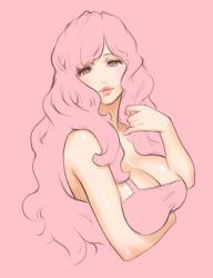 Rule 34 | 1girl, adjusting hair, bad id, bad pixiv id, bare shoulders, blush, breast hold, breasts, cleavage, large breasts, lips, long hair, looking at viewer, original, parted lips, pink background, pink eyes, pink hair, pink theme, sano toshihide, solo