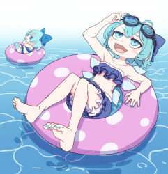Rule 34 | 1girl, :d, \||/, absurdres, adjusting goggles, ahoge, bare arms, bare legs, bare shoulders, barefoot, bikini, bikini skirt, blue bikini, blue bow, blue eyes, blue hair, blue nails, blush stickers, bow, character doll, cirno, collarbone, crossed bangs, fairy, fang, feet, fingernails, frilled bikini, frills, full body, fumo (doll), goggles, goggles on head, groin, hair bow, hand up, highres, ice, ice wings, innertube, kame (kamepan44231), light blue hair, looking up, nail polish, navel, open mouth, polka dot innertube, short hair, skin fang, smile, soles, solo, strapless, strapless bikini, swim ring, swimsuit, toenail polish, toenails, toes, touhou, v-shaped eyebrows, water, wings