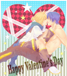 Rule 34 | 2boys, abstract background, ahoge, blonde hair, blue hair, clothes, couple, english text, closed eyes, heart, highres, kagamine len, kaito (vocaloid), kiss, male focus, multiple boys, outline, pants, ponytail, scarf, short hair, shorts, star (symbol), sweatdrop, text focus, tongue, valentine, vocaloid, white outline, yaoi