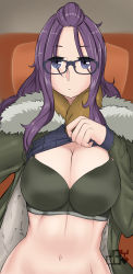 Rule 34 | 10s, 1girl, absurdres, blue eyes, bra, breasts, cleavage, clothes lift, coat, expressionless, fur trim, glasses, highres, joylewds, kagamihara sakura, large breasts, lifting own clothes, long hair, looking at viewer, navel, purple hair, scarf, shirt lift, solo, stomach, sweater, underwear, yurucamp