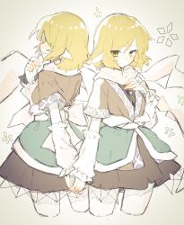 Rule 34 | 2girls, arm warmers, back-to-back, black shirt, black skirt, blonde hair, blush, brown jacket, clone, commentary request, cropped legs, dual persona, green eyes, hand on own chest, highres, holding, interlocked fingers, jacket, mizuhashi parsee, multiple girls, one-hour drawing challenge, pointy ears, sakuratsuki, scarf, shirt, short hair, short sleeves, skirt, touhou, white scarf