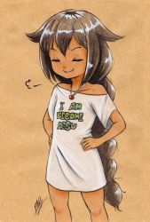 Rule 34 | 1girl, aged down, blouse, braid, brown hair, child, closed mouth, clothes writing, commentary, dark-skinned female, dark skin, doyagao, english text, engrish text, feet out of frame, female focus, fume, hair flaps, hands on own hips, highres, isaki tanaka, jahy, jahy-sama wa kujikenai!, jewelry, long hair, necklace, off shoulder, ponytail, ranguage, romaji text, shirt, short sleeves, signature, single braid, smile, smug, solo, standing, traditional media, very long hair, white shirt