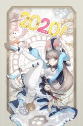 Rule 34 | 1girl, 2020, :&lt;, aiguillette, animal ears, animal hands, arm behind head, blue bow, blue dress, blue eyes, blue footwear, blue nails, bonnet, bow, bowtie, breasts, brown hair, chinese zodiac, clock, closed mouth, cup, doily, dress, floating, frilled sleeves, frills, full body, gears, high heels, highres, holding, holding cup, lace, long hair, long sleeves, looking at viewer, medium breasts, mouse (animal), mouse ears, mouse girl, nail polish, new year, o-ring, original, outside border, pantyhose, pin, pink nails, pocket watch, puffy long sleeves, puffy sleeves, running, sash, shoe soles, socks over pantyhose, soyoong jun, spill, stiletto heels, sweat, tea, teacup, toeless footwear, toenail polish, toenails, very long hair, watch, white pantyhose, year of the rat
