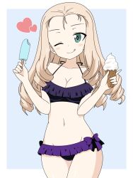 Rule 34 | 1girl, bikini, blonde hair, blush, breasts, cleavage, closed mouth, collarbone, drill hair, food, girls und panzer, green eyes, heart, highres, ice cream, ichinose jun, long hair, looking at viewer, marie (girls und panzer), medium breasts, navel, one eye closed, popsicle, purple bikini, simple background, smile, solo, swimsuit, tongue, tongue out