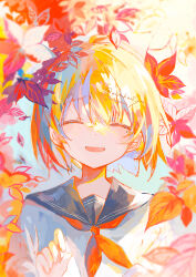 Rule 34 | 1girl, absurdres, autumn, autumn leaves, black sailor collar, blonde hair, blue background, blue hair, blurry, blurry background, blurry foreground, blush, closed eyes, commentary request, falling leaves, hand up, head tilt, highres, irodori warabi, leaf, long sleeves, looking at viewer, maple leaf, mole, mole under eye, multicolored hair, neckerchief, open mouth, orange hair, orange neckerchief, original, sailor collar, shirt, signature, simple background, smile, upper body, white shirt