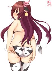 Rule 34 | 1girl, adjusting clothes, adjusting swimsuit, alternate costume, anal tail, animal ears, animal print, artist logo, ass, bikini, brown eyes, brown hair, butt plug, commentary request, cow ears, cow horns, cow print, cow tail, cowboy shot, dated, fake animal ears, fake horns, fake tail, from behind, gradient hair, hair ornament, highres, horns, kanon (kurogane knights), kantai collection, kisaragi (kancolle), long hair, looking at viewer, multicolored hair, purple hair, sex toy, side-tie bikini bottom, simple background, smile, solo, split mouth, swimsuit, tail, thighhighs, white background, white bikini, white thighhighs