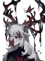 Rule 34 | 1girl, absurdres, animal ears, antlers, artist name, bug, butterfly, colored skin, commentary, crrn, crying, crying with eyes open, deer ears, deer girl, english commentary, grey eyes, grey hair, grey skin, highres, horns, insect, long hair, melting eyes, multicolored eyes, muted color, original, portrait, red eyes, shedding, simple background, solo, tears, twitter username, white background