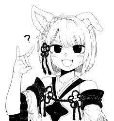 Rule 34 | 1girl, animal ears, bare shoulders, braid, detached sleeves, dog ears, erune, fang, formicid, granblue fantasy, greyscale, hair ornament, japanese clothes, looking at viewer, monochrome, open mouth, rope, shimenawa, short hair, simple background, solo, vajra (granblue fantasy), white background