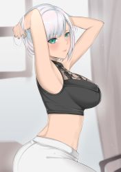 Rule 34 | 1girl, absurdres, aqua eyes, armpits, arms up, black shirt, breasts, byeon dha, closed mouth, crop top, curtains, from side, hand in own hair, highres, hololive, hololive indonesia, large breasts, lips, looking at viewer, looking to the side, midriff, official alternate costume, pants, pavolia reine, shirt, short hair, sleeveless, sleeveless shirt, solo, virtual youtuber, white hair, white pants