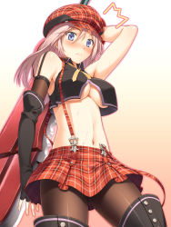 Rule 34 | 10s, 1girl, ^^^, alisa ilinichina amiella, arm up, armpits, black pantyhose, blue eyes, blush, boots, breasts, elbow gloves, face, fingerless gloves, gloves, god eater, god eater burst, hat, highres, huge weapon, looking down, midriff, navel, pantyhose, pink hair, skirt, solo, suspender skirt, suspenders, sweat, sword, thigh boots, thighhighs, underboob, weapon, yanagi (tsukiakari)