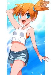 Rule 34 | 1girl, :d, arm behind head, arm up, bare shoulders, blue eyes, blue sky, blush, breasts, collarbone, commentary, cowboy shot, creatures (company), crop top, day, denim, denim shorts, game freak, gym leader, hair between eyes, highres, looking at viewer, midriff, misty (pokemon), navel, nintendo, open mouth, orange hair, pokemon, pokemon lgpe, shirt, short shorts, shorts, side ponytail, sidelocks, sky, sleeveless, sleeveless shirt, small breasts, smile, solo, standing, white shirt, yuihico