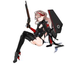 Rule 34 | 1girl, armor, black thighhighs, breasts, brown hair, cleavage, cleavage cutout, clothing cutout, earrings, full body, girls&#039; frontline, gloves, gun, hair between eyes, high heels, jacket, jewelry, lever action, long hair, long legs, looking at viewer, m1887 (girls&#039; frontline), multicolored hair, official art, realmbw, red eyes, red hair, shield module, shotgun, solo, streaked hair, thighhighs, transparent background, trigger discipline, wavy hair, weapon, winchester model 1887