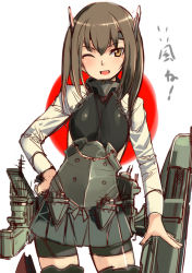 Rule 34 | 10s, 1girl, ;d, akasaai, bike shorts, bike shorts under skirt, blush, brown eyes, brown hair, hand on own hip, headband, highres, kantai collection, looking at viewer, one eye closed, open mouth, personification, short hair, shorts, shorts under skirt, sketch, skirt, smile, solo, taihou (kancolle), thighhighs, wink