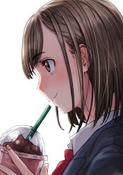 Rule 34 | 1girl, blue jacket, bow, bowtie, brown eyes, brown hair, closed mouth, collared shirt, commentary request, cup, food, highres, holding, ice cream, jacket, original, ouhashi (yumenosukima), profile, red bow, red bowtie, school uniform, shirt, short hair, simple background, smile, solo, upper body, white background, white shirt, wing collar