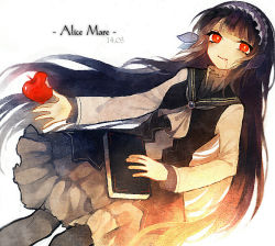 Rule 34 | 1girl, alicemare, apple, black hair, blood, blood from mouth, book, copyright name, dated, dress, food, fruit, grey pantyhose, headdress, long hair, long sleeves, nyalla, pantyhose, red eyes, smile, solo, stella (alice mare), stella northrop